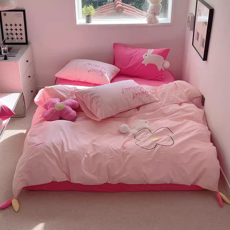 Girly Heart Cute Rich Rabbit Washed Four-Piece Pure Cotton Bed Set - Harmony Gallery