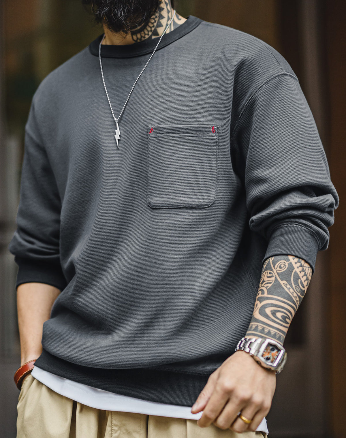 American Waffle Knitted Pocket Round Neck Loose Long-Sleeved Men's Sweater - Harmony Gallery