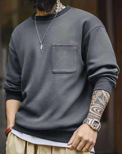American Waffle Knitted Pocket Round Neck Loose Long-Sleeved Men's Sweater - Harmony Gallery