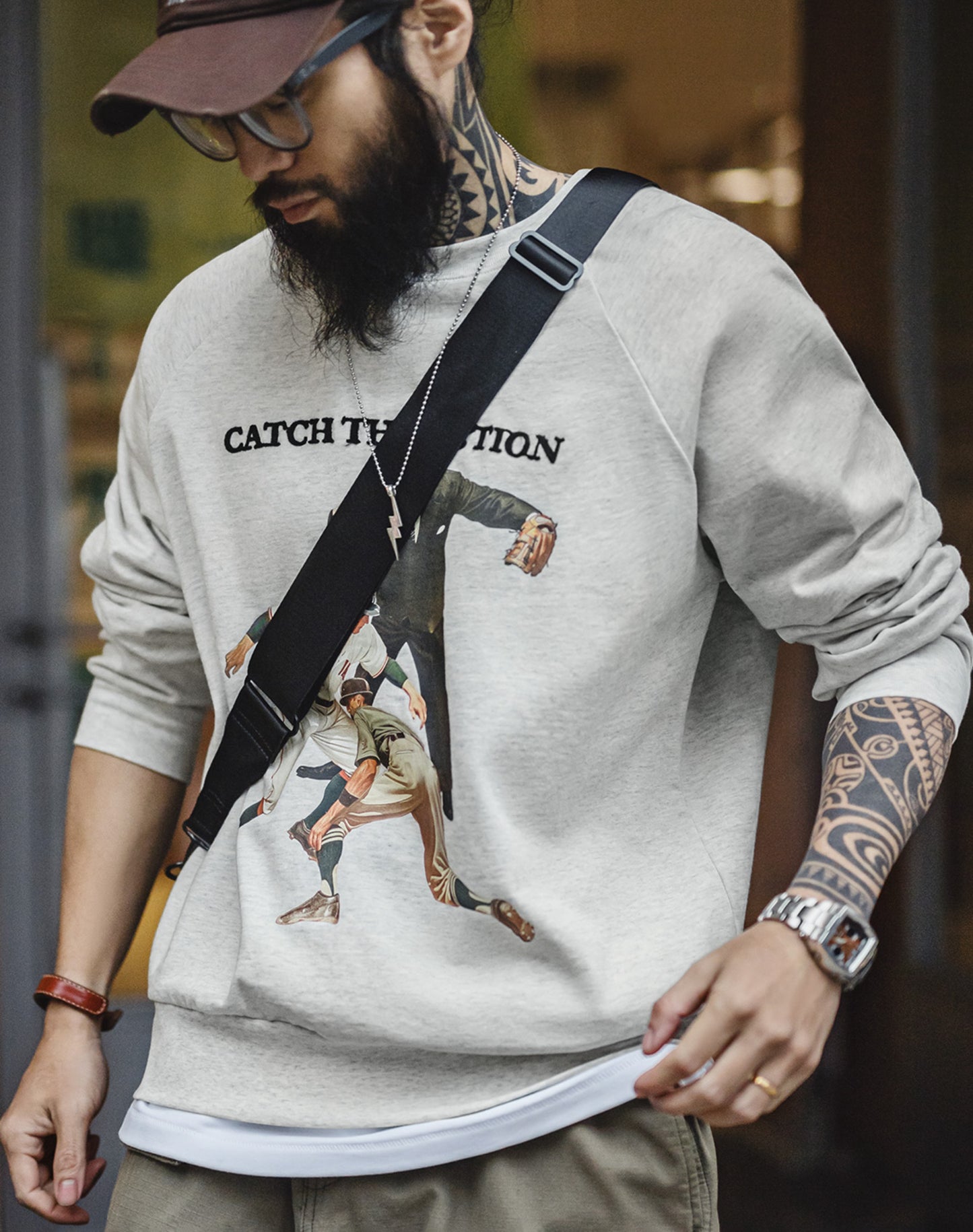 American Retro Baseball Print Heavy Letter Embroidery Loose Men's Sweater - Harmony Gallery