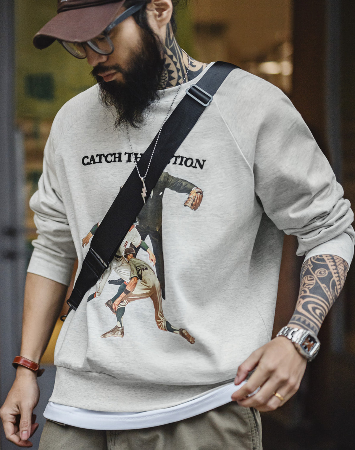 American Retro Baseball Print Heavy Letter Embroidery Loose Men's Sweater - Harmony Gallery