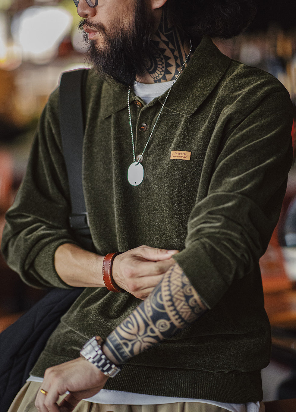 American Retro Chenille Half-Open Polo Loose Lapel Pullover Men's Sweater - Harmony Gallery