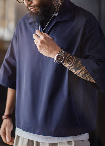 American Retro Polo Lapel Loose Fit Feather Embroidery Thin Men's T-Shirt