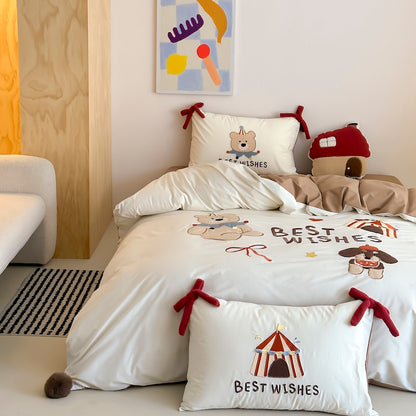 Cartoon Circus Bear Embroidery Pure Cotton Long Staple Four-Piece Bed Set - Harmony Gallery