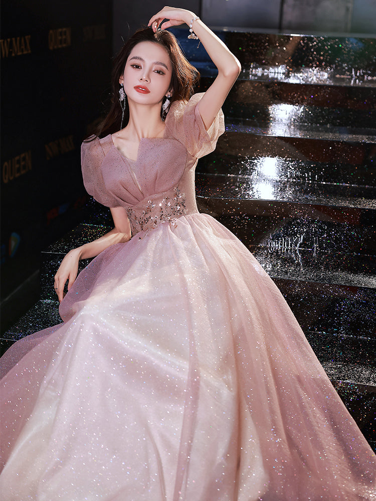 Glittering Lavender Puff Sleeve Evening Gown with Embellished Waist - Harmony Gallery