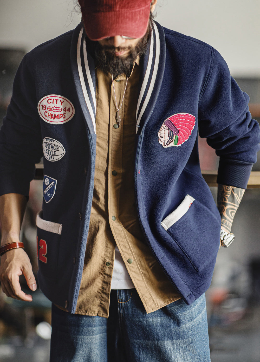 American Retro Shawl Collar Cardigan Fleece Warm Short Baseball Men's Jacket - Harmony Gallery