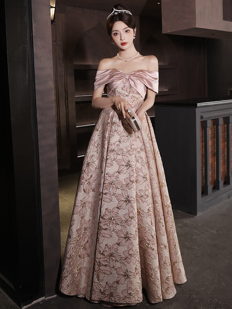 Elegant Pink Off-Shoulder Floral Embroidered Ball Gown - Harmony Gallery