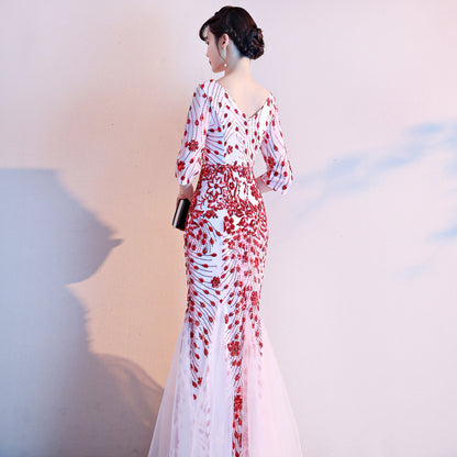 Stunning Red and White Floral Embroidered Mermaid Gown with V-Neck - Harmony Gallery