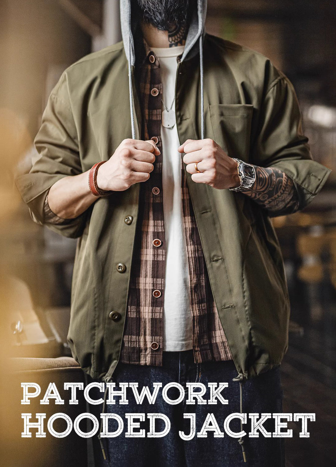 American Retro Fake Two-Piece Splicing Hooded Herringbone Men's Jacket - Harmony Gallery