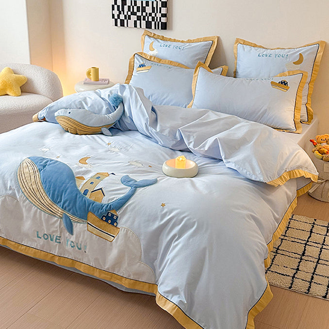 Cute Cartoon Whale For Boy And Girl  Pure Cotton Four-Piece Bed Set - Harmony Gallery