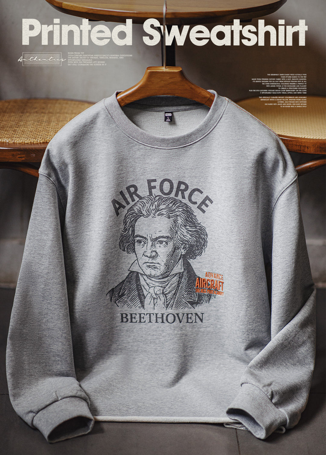 American Gray Rolled-Edge Cotton Pullover Print Embroidered Men's Sweater