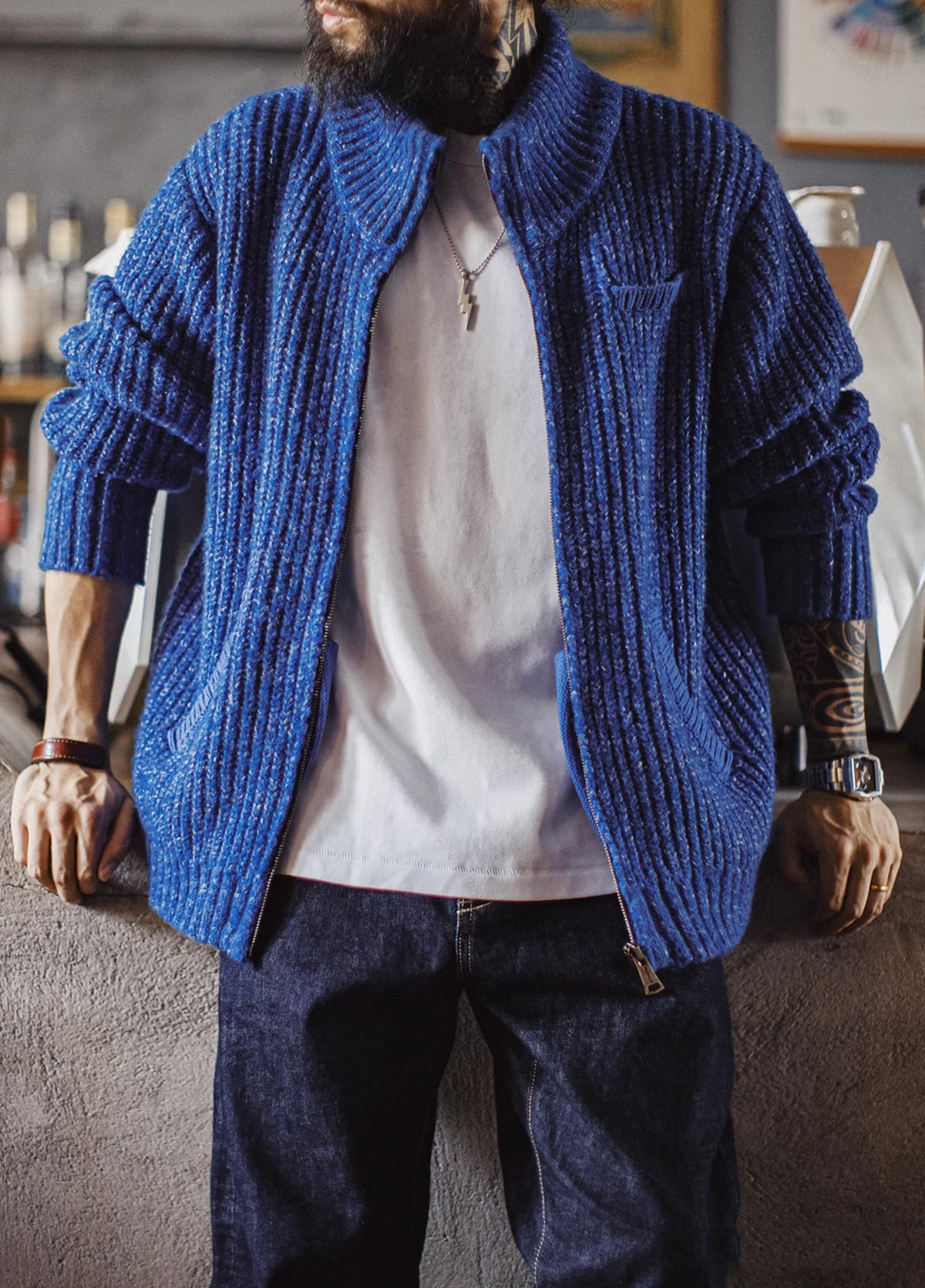 American Ice Blue Cardigan Thick High Neck Warm Knitwear Winter Men's Jacket - Harmony Gallery