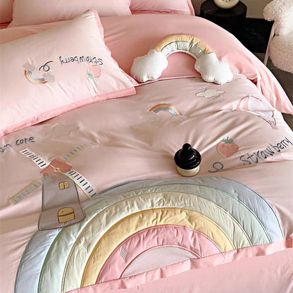 Cute Girly Heart Rainbow Pure Cotton Washed Four-Piece Bed Set - Harmony Gallery
