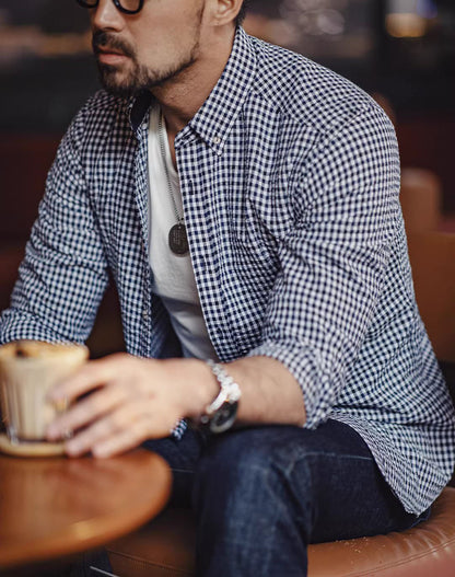 American Retro Workwear Plaid Anti-Wrinkle Men's Shirt - Harmony Gallery