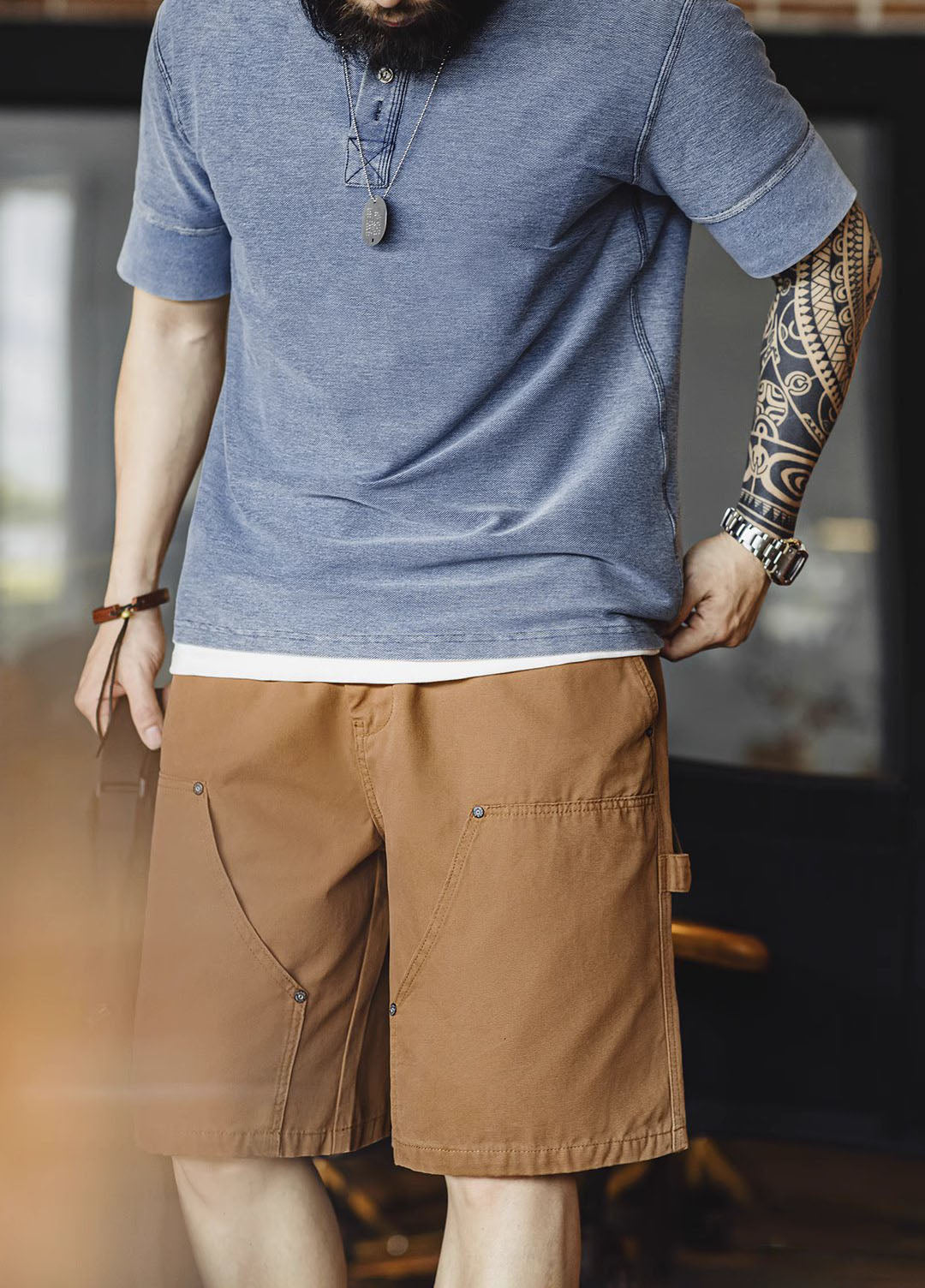 American Retro Double Knee Logging Elastic Waist Straight Men's Shorts - Harmony Gallery