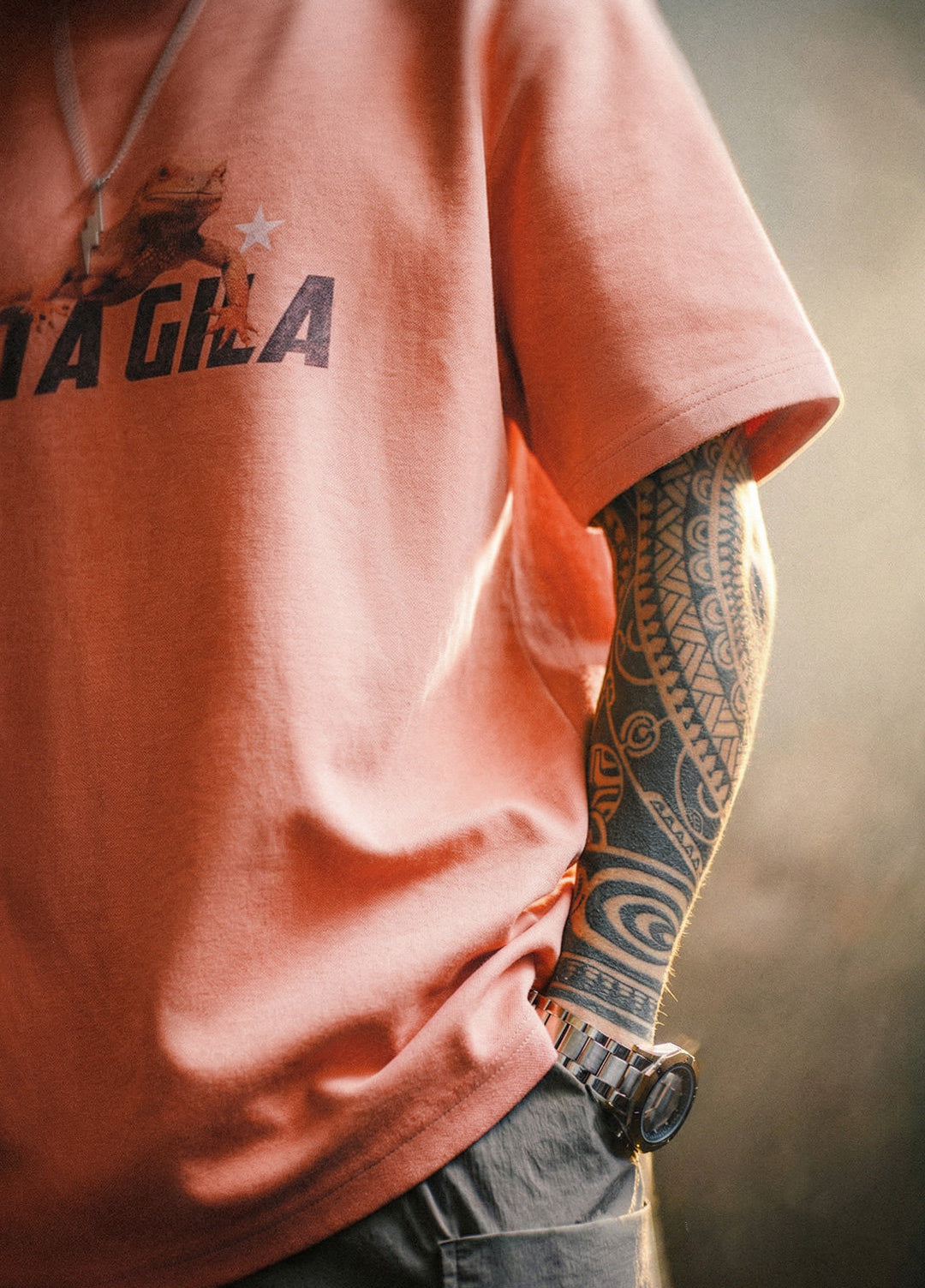 American Retro Print Drop Shoulder Sunset Sunset Orange-Red Men's T-Shirt
