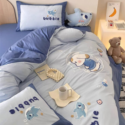 Cute Cartoon Bubble Shark Washed Four-Piece Pure Cotton Bed Set - Harmony Gallery