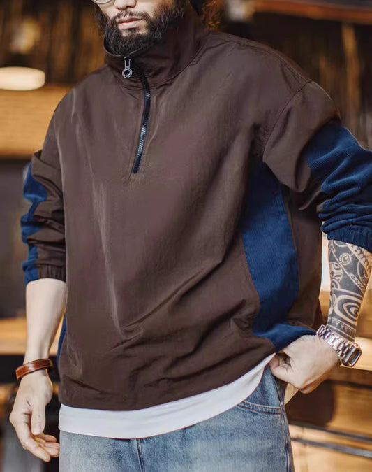 American Retro Stitching Half-Zipper Contrast Color Corduroy Pleated Men's Sweater - Harmony Gallery