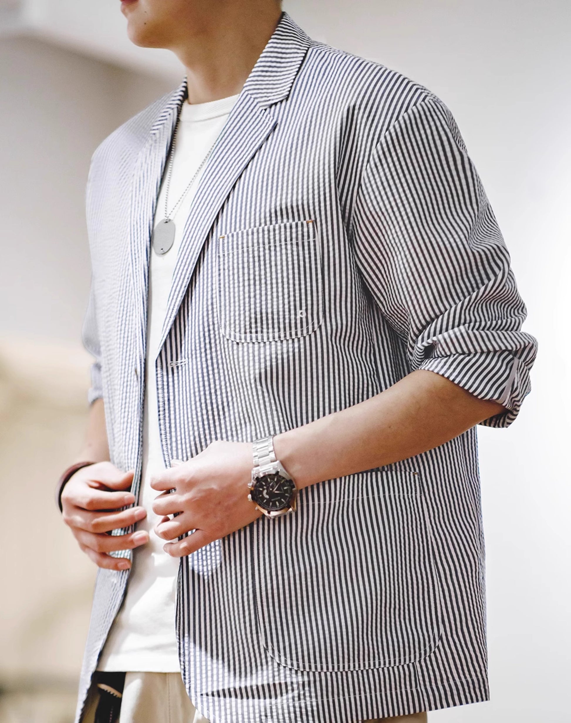 American Workwear Seersucker Striped Suit City Boy Men's Coat - Harmony Gallery