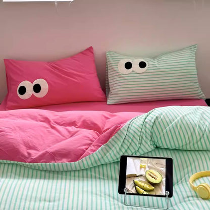 Big Eyes Contrasting Color Washed Four-Piece Pure Cotton Bed Set - Harmony Gallery