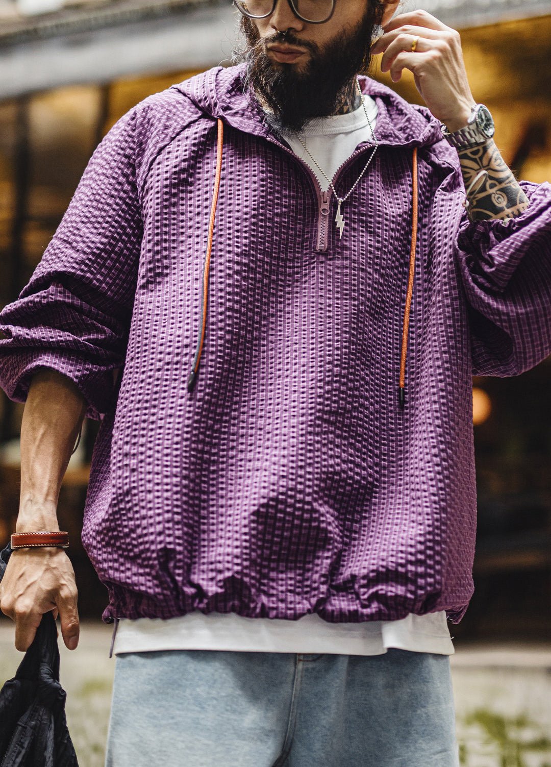 American Retro Half-Zip Hooded With Textured Lightweight Men's Sweater - Harmony Gallery