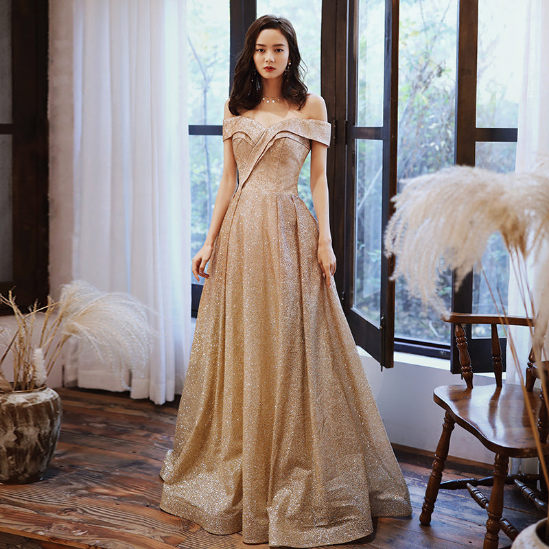 Elegant Off-Shoulder Gold Glitter Evening Gown - Harmony Gallery