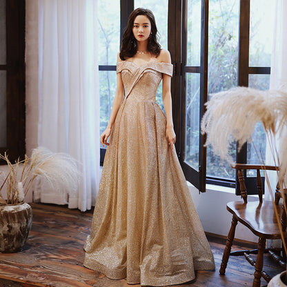 Elegant Off-Shoulder Gold Glitter Evening Gown - Harmony Gallery