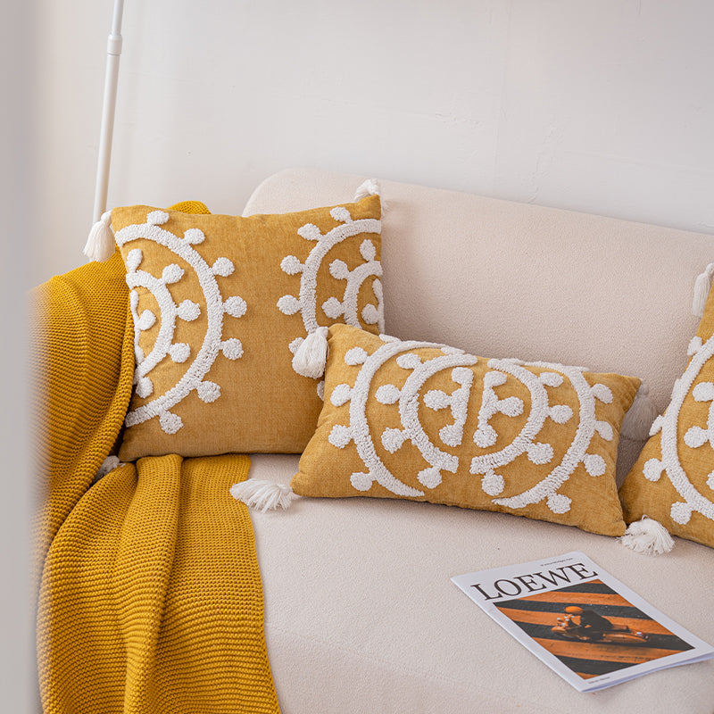 Golden Elegance Tassel Accent White Embroidered Scrollwork Throw Pillows - Harmony Gallery