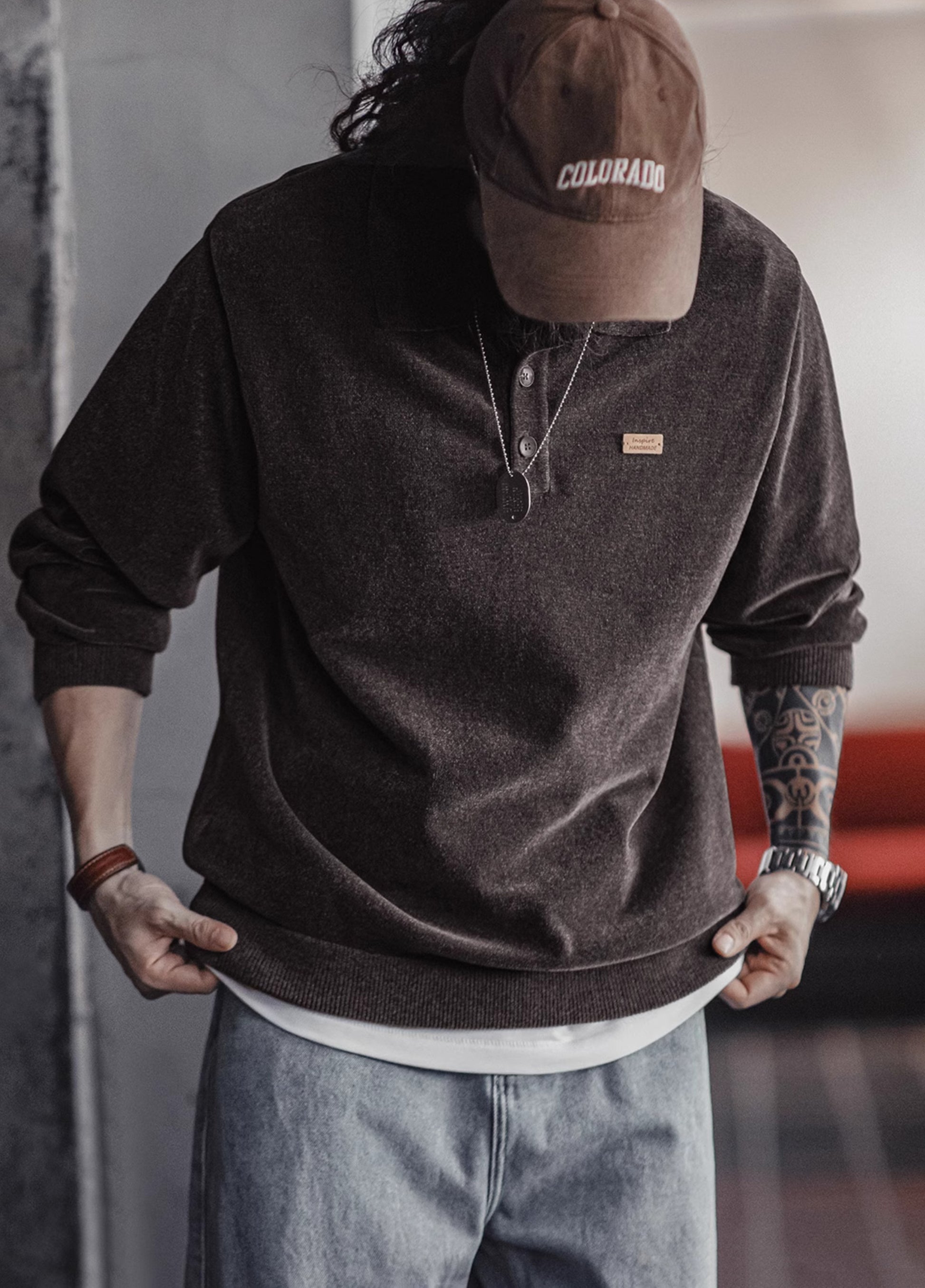 American Retro Chenille Half-Open Polo Loose Lapel Pullover Men's Sweater - Harmony Gallery