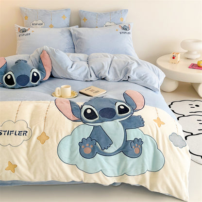 Cartoon Stitch Milk Velvet Winter Heat Storage Four-Piece Bed Set - Harmony Gallery