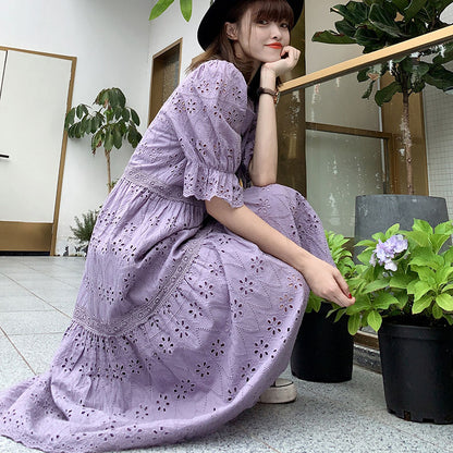 French Lavender Purple Sweet Puff Loose Women's Dress - Harmony Gallery