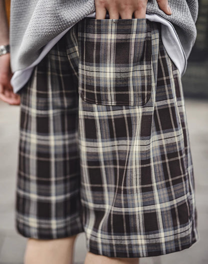 American Retro Scottish Plaid Straight Loose Drawstring Thin Men's Shorts - Harmony Gallery