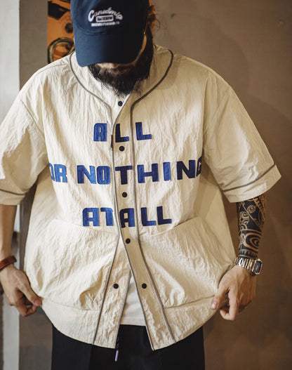 American Retro Wrinkled Vibe Sports Letter Cardigan Men's Shirt - Harmony Gallery