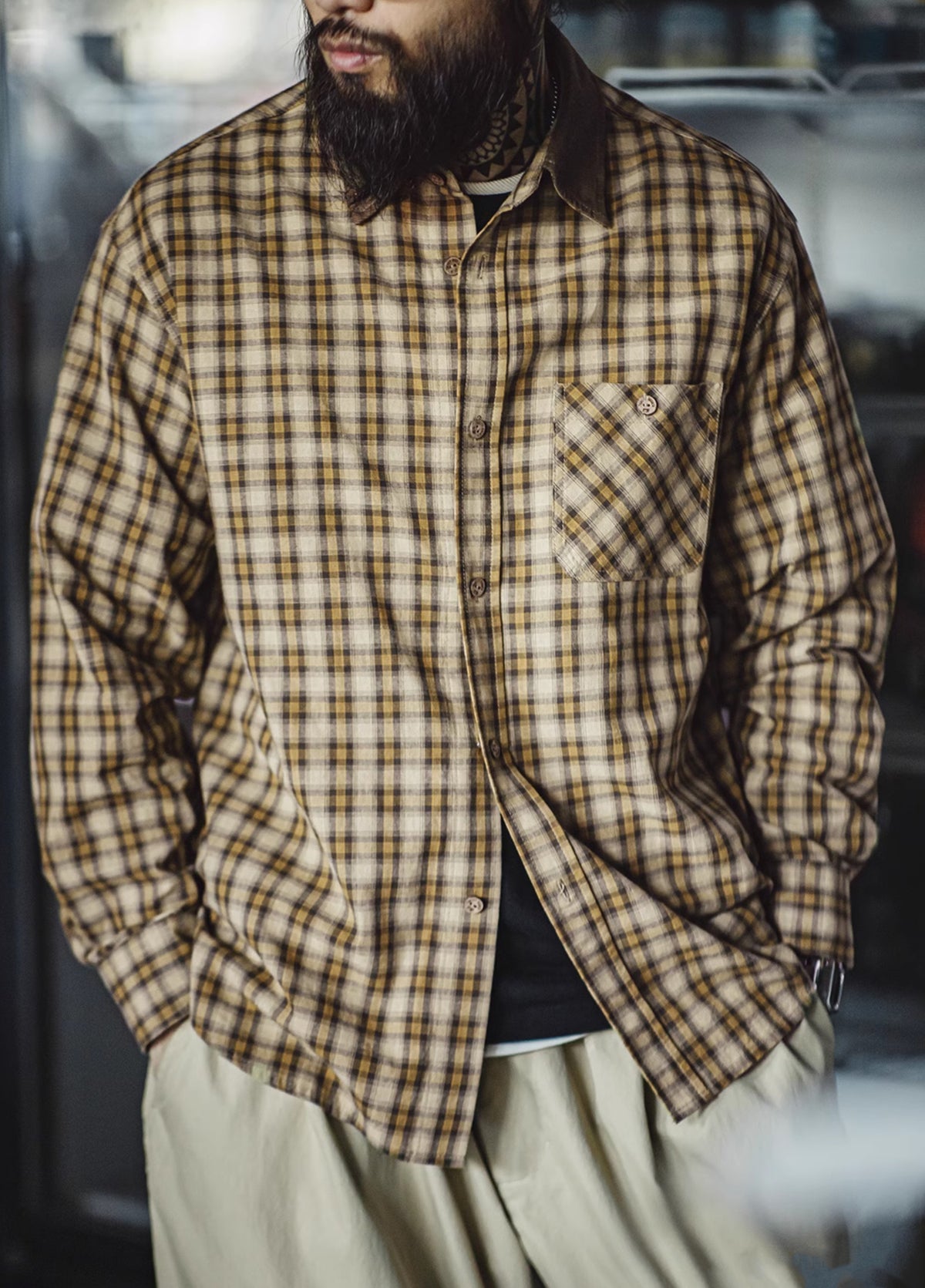American Retro Workwear Scottish Plaid Corduroy Splicing Men's Shirt - Harmony Gallery