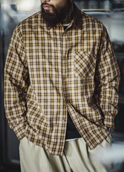 American Retro Workwear Scottish Plaid Corduroy Splicing Men's Shirt - Harmony Gallery