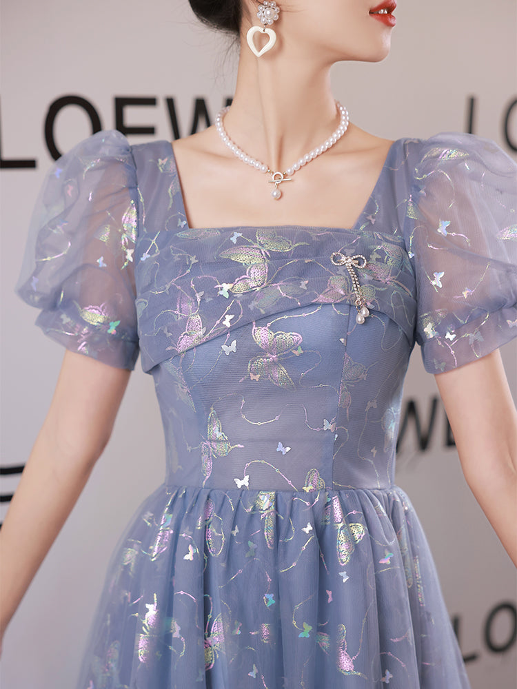 Enchanting Blue Butterfly Embroidered Tulle Evening Gown with Puff Sleeves - Harmony Gallery
