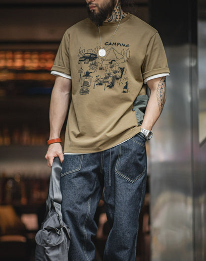 Tooling Mountain Fun Printed Khaki Camping Men's T-Shirt - Harmony Gallery