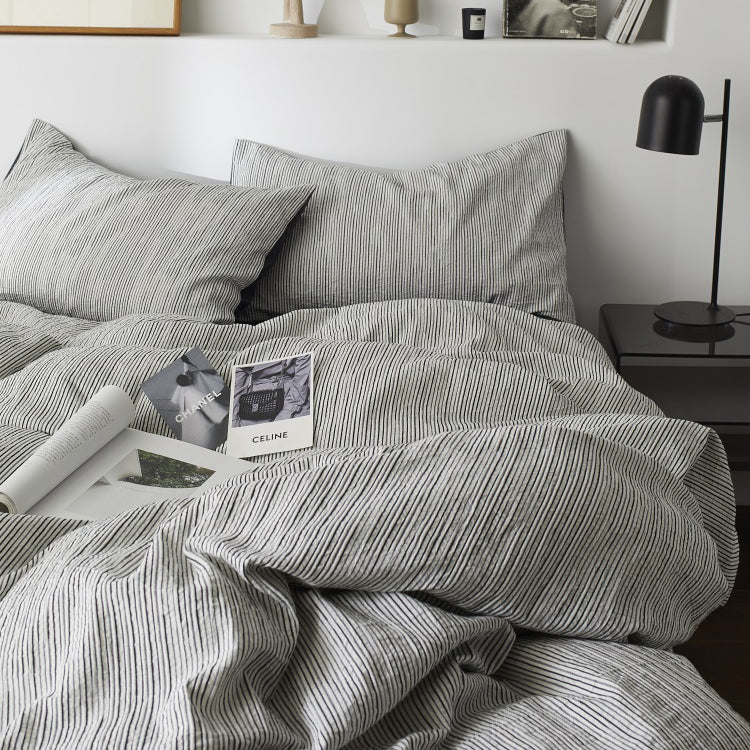 Premium Black and White Striped Textured Bedding Pure Cotton Four-Piece Bed Set - Harmony Gallery