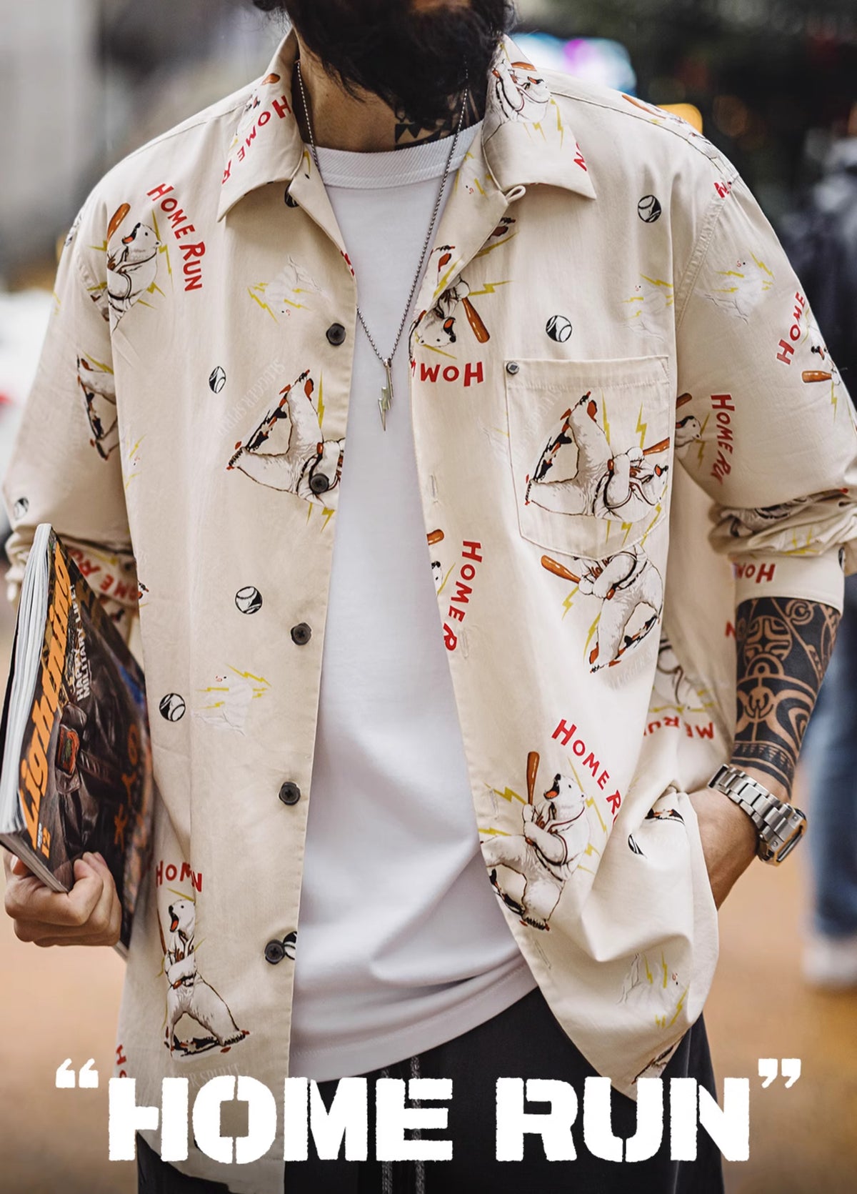 American Retro Cuban Collar Polar Bear Blended Cardigan Outerwear Men's Shirt - Harmony Gallery