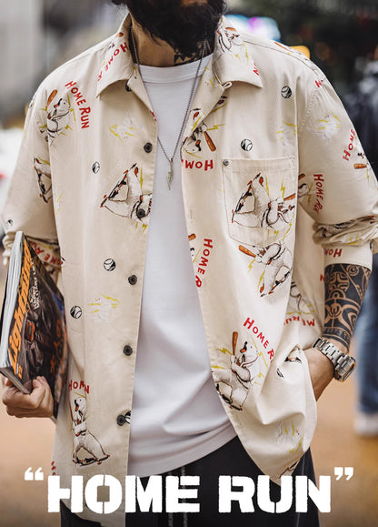 American Retro Cuban Collar Polar Bear Blended Cardigan Outerwear Men's Shirt - Harmony Gallery