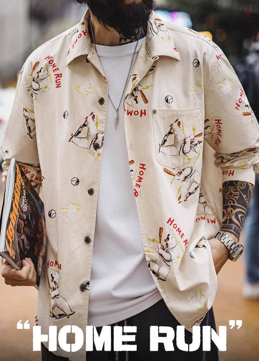 American Retro Cuban Collar Polar Bear Blended Cardigan Outerwear Men's Shirt - Harmony Gallery