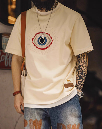 American Retro Guardian Eye Embroidered Cotton Men's T-Shirt - Harmony Gallery