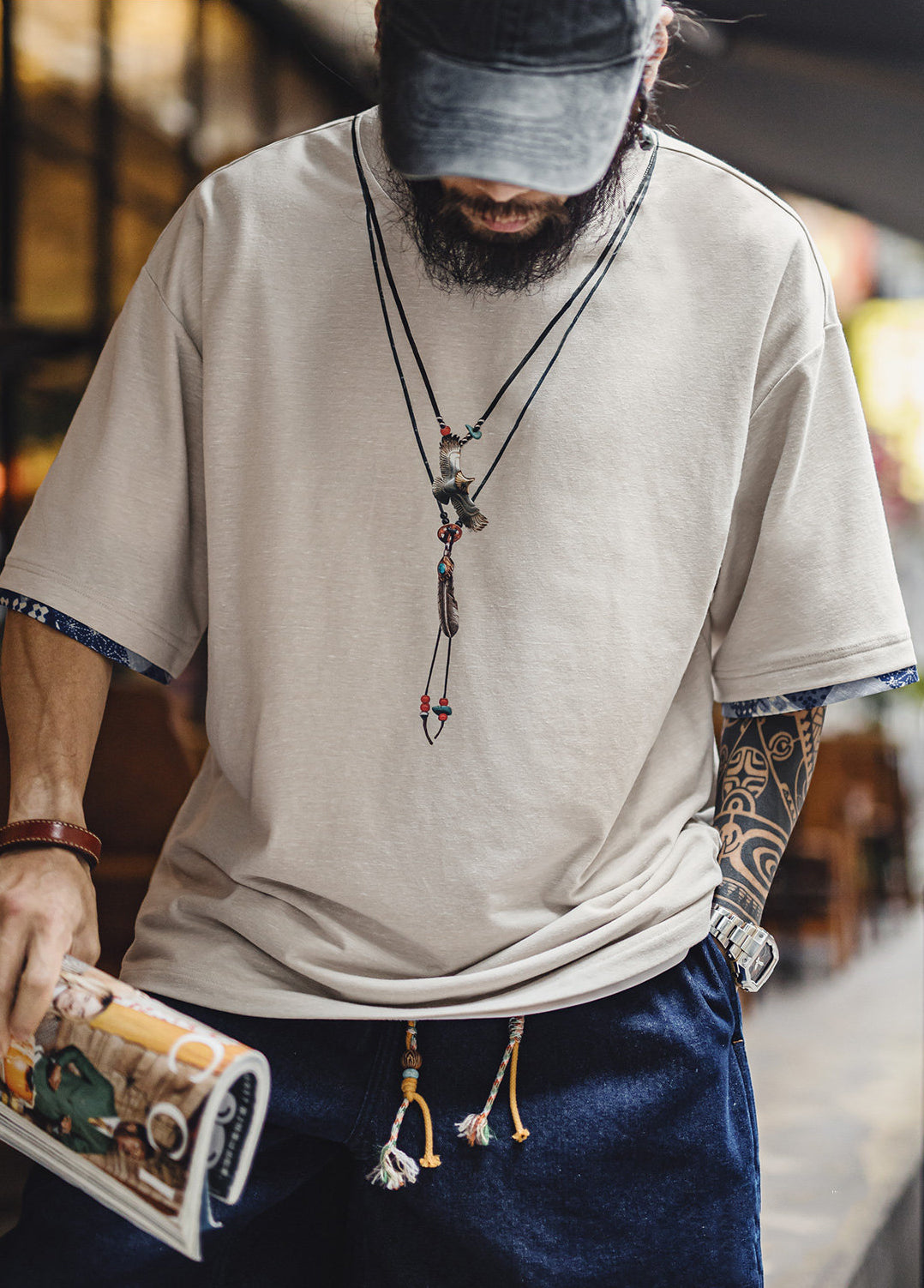 American Retro Printed Fabric Animal Patterns Patchwork Knit Men's T-Shirt