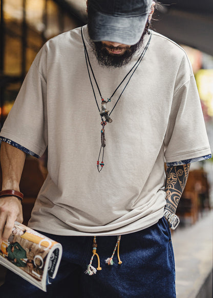 American Retro Printed Fabric Animal Patterns Patchwork Knit Men's T-Shirt