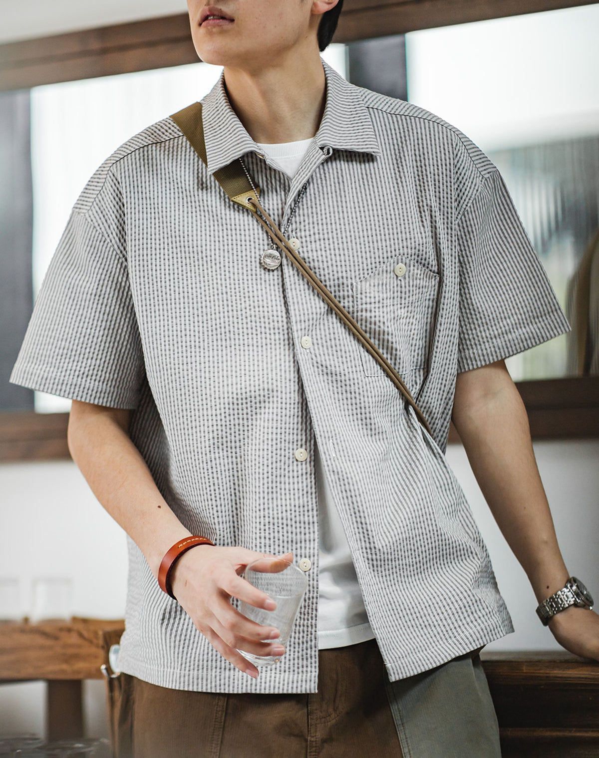 American Casual Pinstriped Lapel Half-Sleeved Men's Shirt - Harmony Gallery