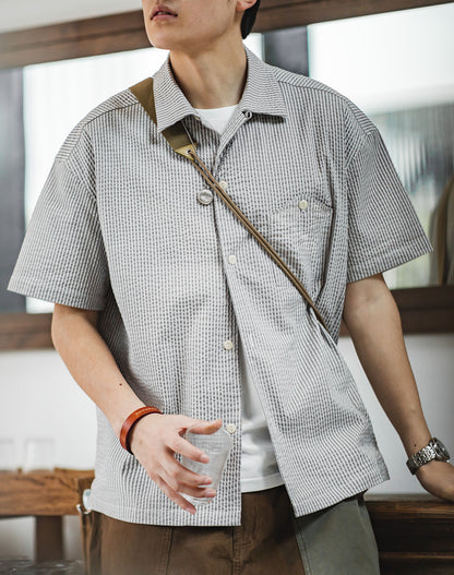 American Casual Pinstriped Lapel Half-Sleeved Men's Shirt - Harmony Gallery