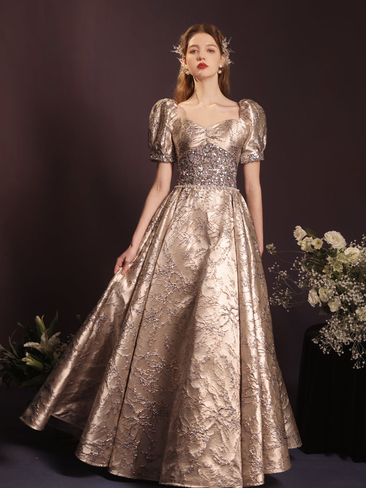 Luxurious Gold Jacquard Puff Sleeve Ball Gown with Sequin Bodice - Harmony Gallery
