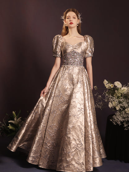 Luxurious Gold Jacquard Puff Sleeve Ball Gown with Sequin Bodice - Harmony Gallery