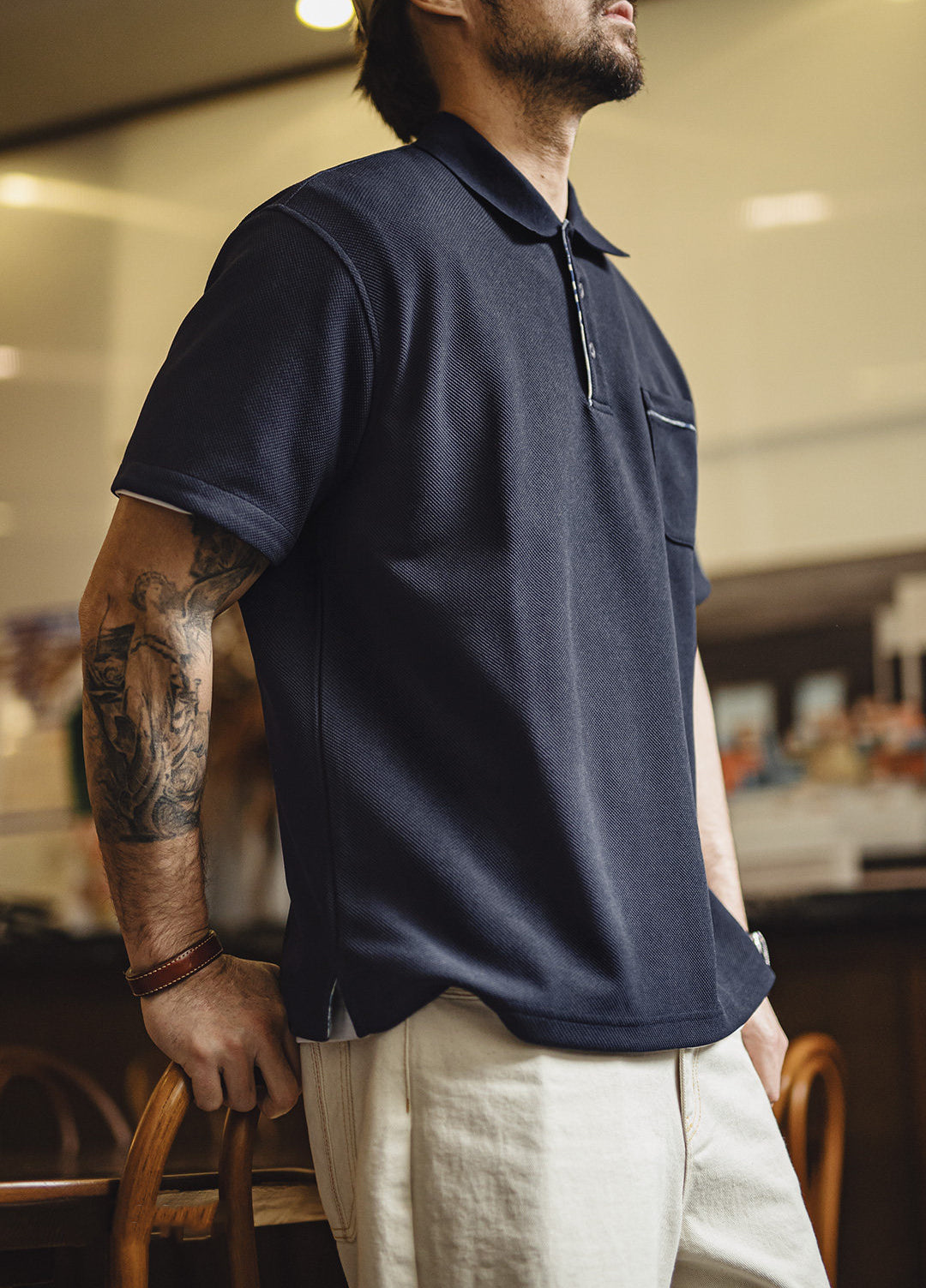 American Retro Polo Off-Shoulder High-End Sleeve Off-Shoulder Men's T-Shirt