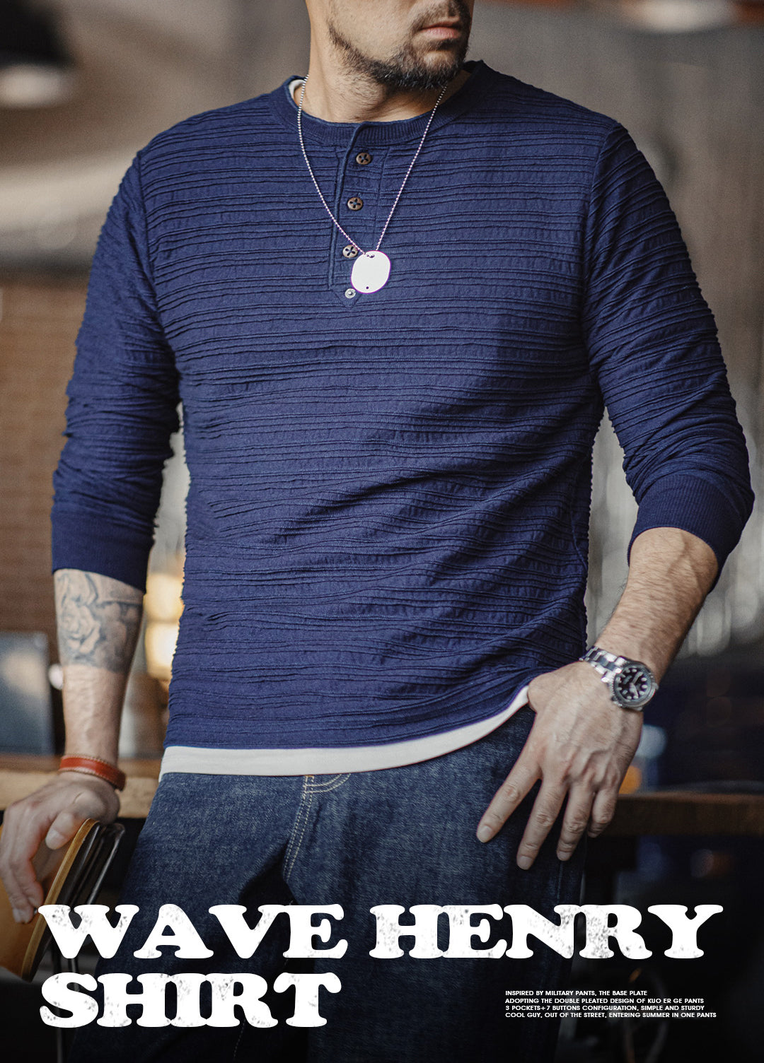 American Retro Jacquard Knitted Denim Henry Shirt Vintage Men's Sweater - Harmony Gallery